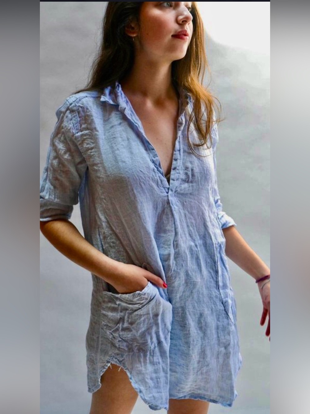 CP Shades Teton Tunic Top in Chambray blue Cotton/Silk Blend Relaxed Fit Size XS